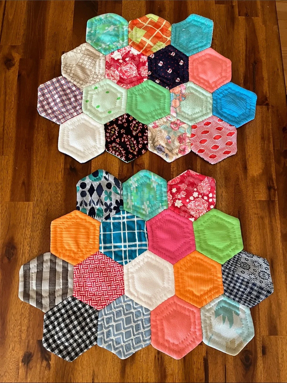 2 Vtg Geometric Handmade Placemats From Old 70s Fabric Pieces MCM Retro